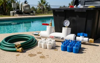 A photorealistic close-up of a professional pool plumbing pressure test kit laid out on a clean concrete pool deck in a sunny Los Angeles backyard.