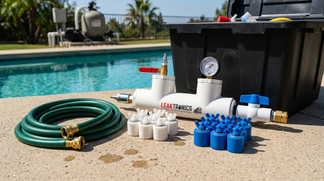 A photorealistic close-up of a professional pool plumbing pressure test kit laid out on a clean concrete pool deck in a sunny Los Angeles backyard.