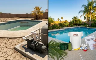 A photorealistic split-image showing the cost of water loss in the Sun Belt. On the left, a parched Southern California backyard with cracked dry soil, a low pool water level, and a faint leak dripping from an exposed PVC pipe near the equipment pad. On the right, a happy homeowner standing next to a healthy, full pool with a PipeFuze kit on the deck and a folded water bill in hand. Bright golden hour sunlight, palm trees in the background, and a clear blue California sky. Shot on a DSLR with a 35mm lens, professional, warm, hopeful tone.