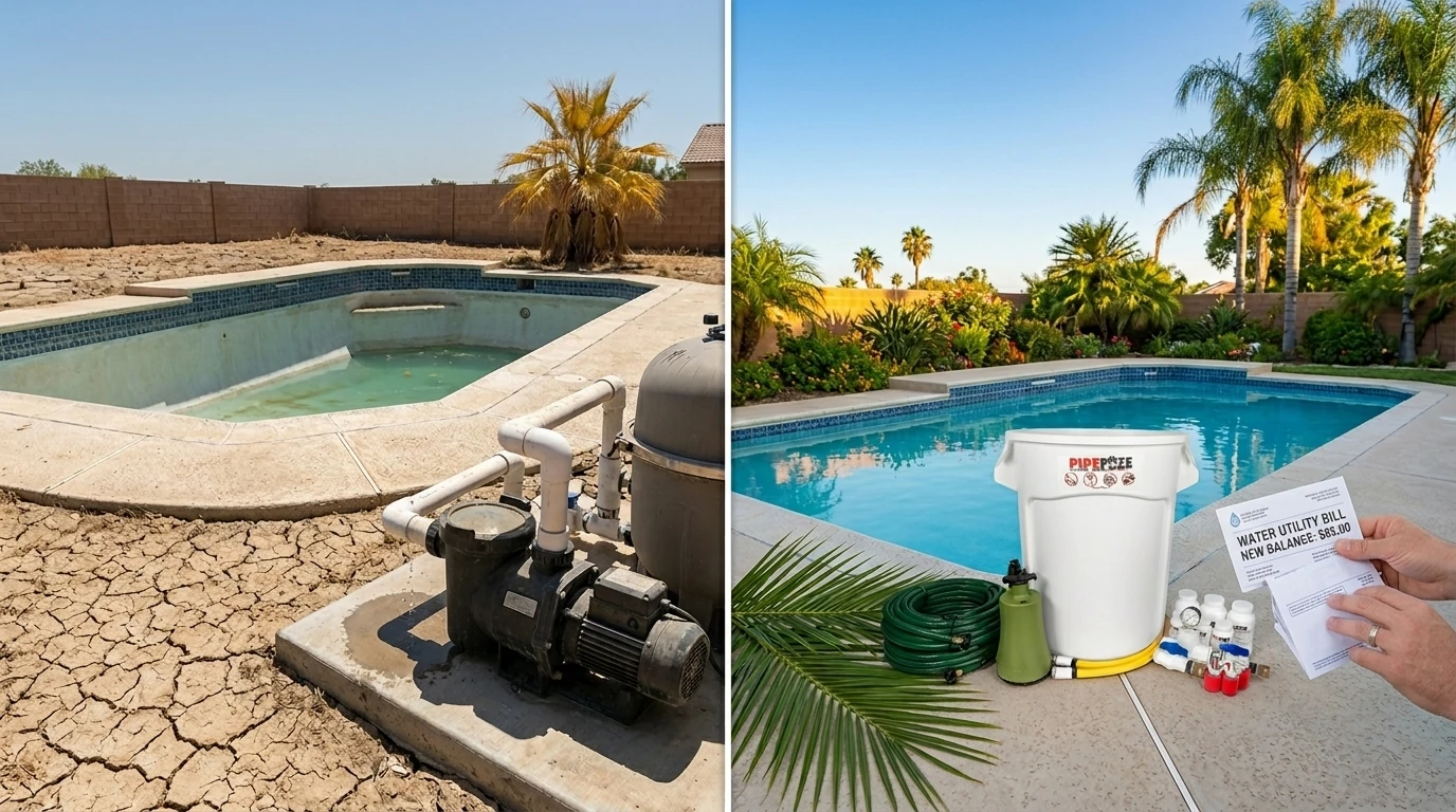 A photorealistic split-image showing the cost of water loss in the Sun Belt. On the left, a parched Southern California backyard with cracked dry soil, a low pool water level, and a faint leak dripping from an exposed PVC pipe near the equipment pad. On the right, a happy homeowner standing next to a healthy, full pool with a PipeFuze kit on the deck and a folded water bill in hand. Bright golden hour sunlight, palm trees in the background, and a clear blue California sky. Shot on a DSLR with a 35mm lens, professional, warm, hopeful tone.