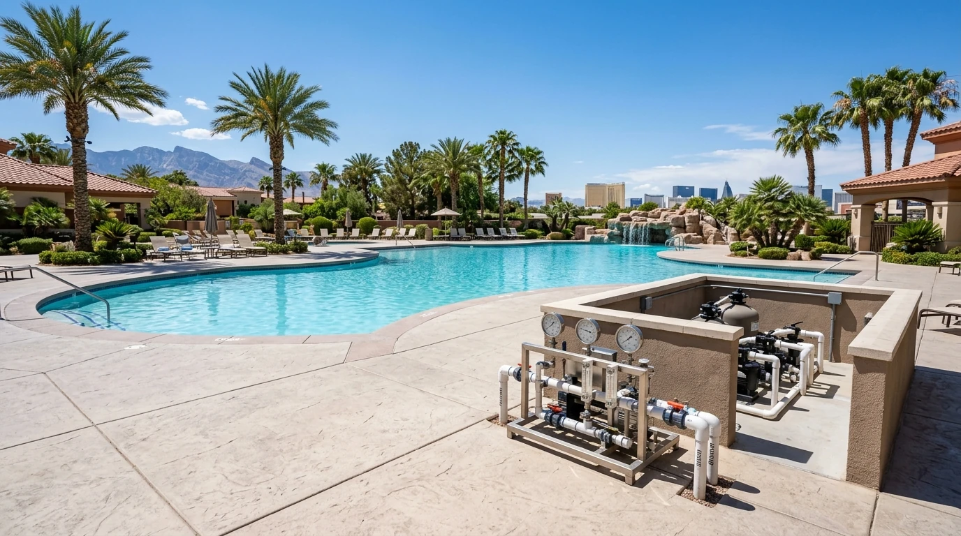 A bright, photorealistic wide shot of a large commercial resort swimming pool in the Las Vegas Valley at midday. The water is crystal clear and calm. The surrounding deck and concrete are fully intact, with no trench, no dirt pile, and no digging equipment in sight. Palm trees, a desert mountain skyline, and a clear blue Nevada sky in the background. A small, tidy pipe injection rig with pressure gauges rests on the pool deck near the equipment pad. Warm natural light, sharp focus, no people in frame. Shot on a DSLR, 24mm lens, clean professional tone. -