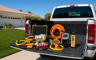 A bright, photorealistic close-up of a contractor's work truck parked on a clean residential driveway in the USA.