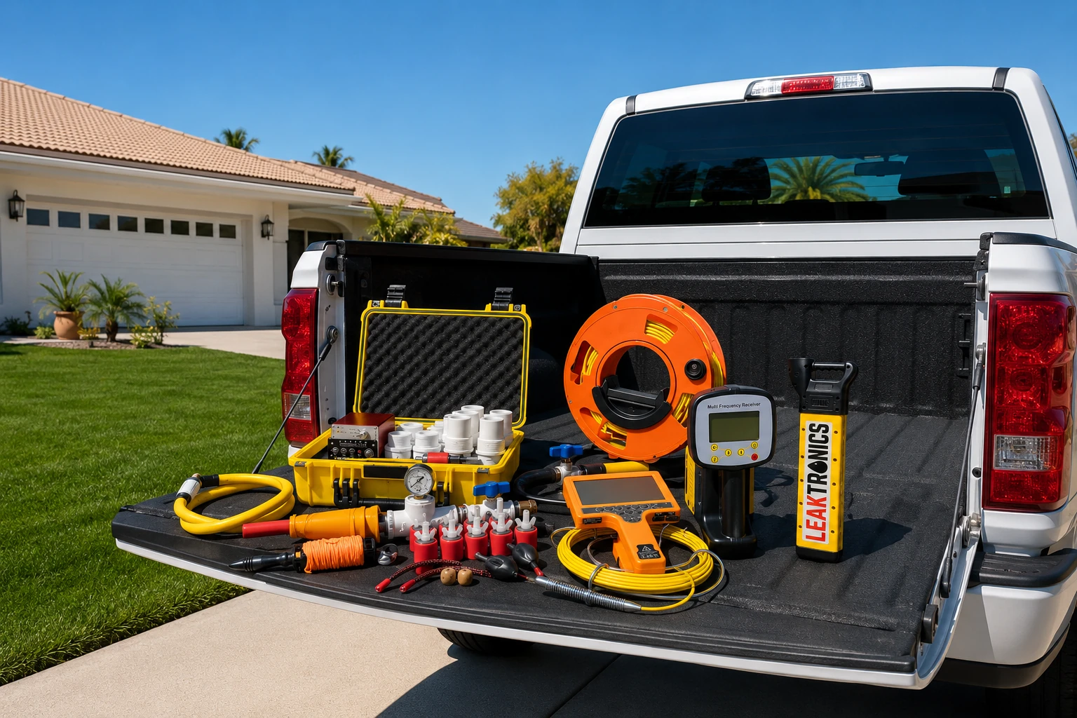 A bright, photorealistic close-up of a contractor's work truck parked on a clean residential driveway in the USA.