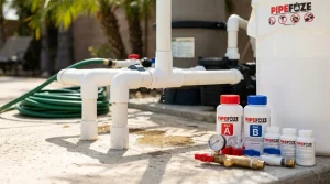 A close-up, photorealistic image of white PVC pipe joints with a small water leak dripping from a fitting, set against a bright, sunlit pool equipment pad in a Los Angeles backyard. 