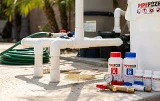 A close-up, photorealistic image of white PVC pipe joints with a small water leak dripping from a fitting, set against a bright, sunlit pool equipment pad in a Los Angeles backyard.
